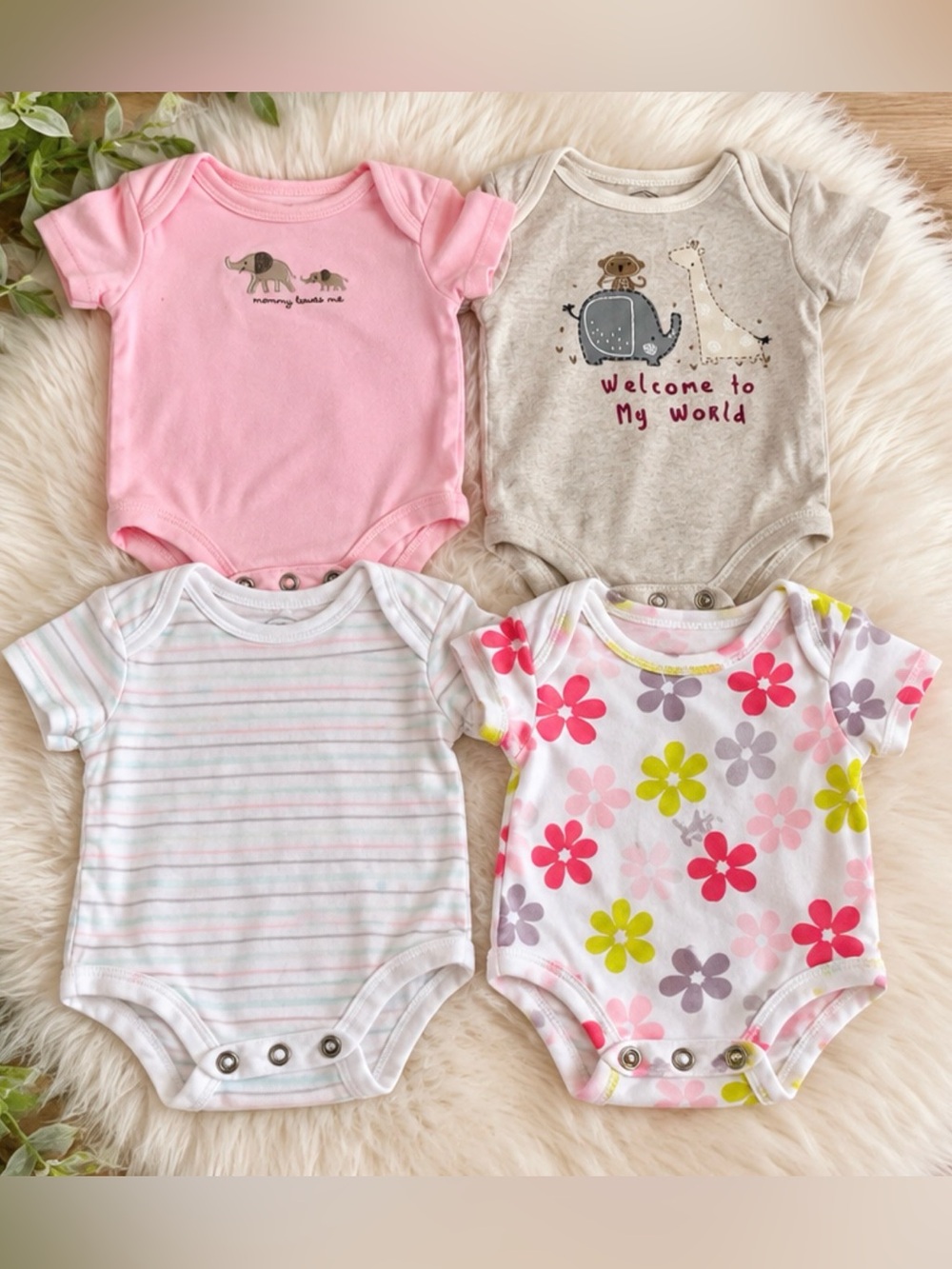 4pc Baby Girl Onesie Bundle 6-9M Pink Floral Elephant Striped